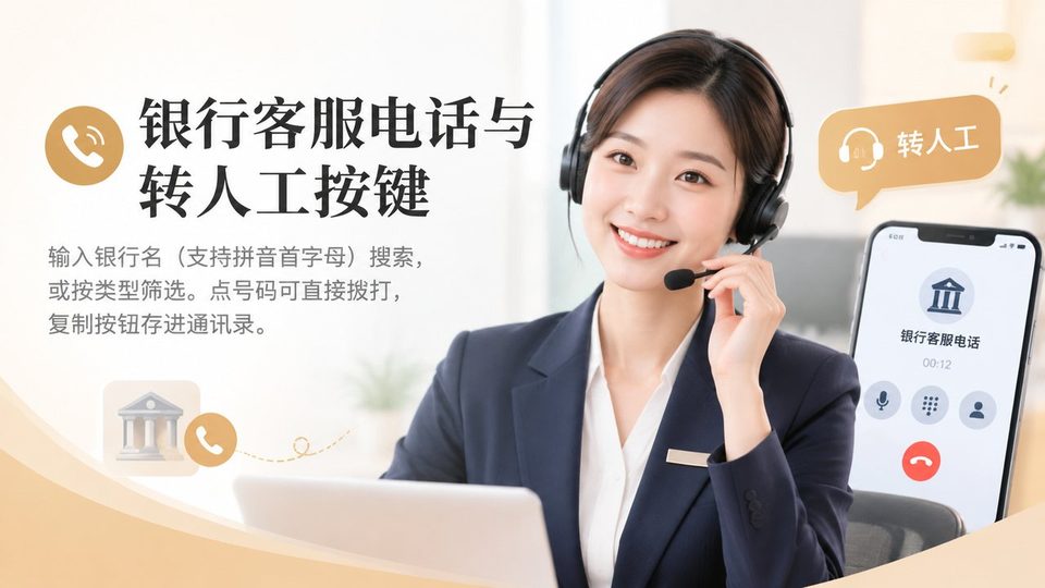 银行客服电话与转人工按键：输入银行名搜索，点号码可直接拨打