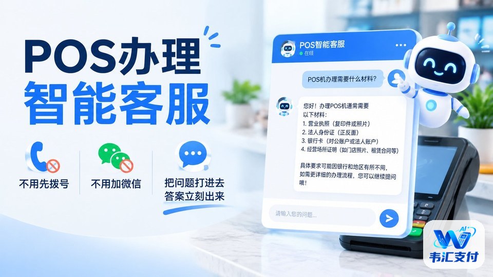 POS 办理智能客服：在对话框输入问题直接答办理材料、费率与到账时间，不用先拨号、不用加微信